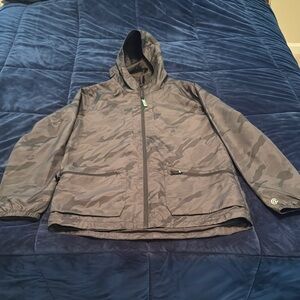 Gray Hooded Windbreaker/Rain Jacket with Relaxed Fit Size L (12-14).